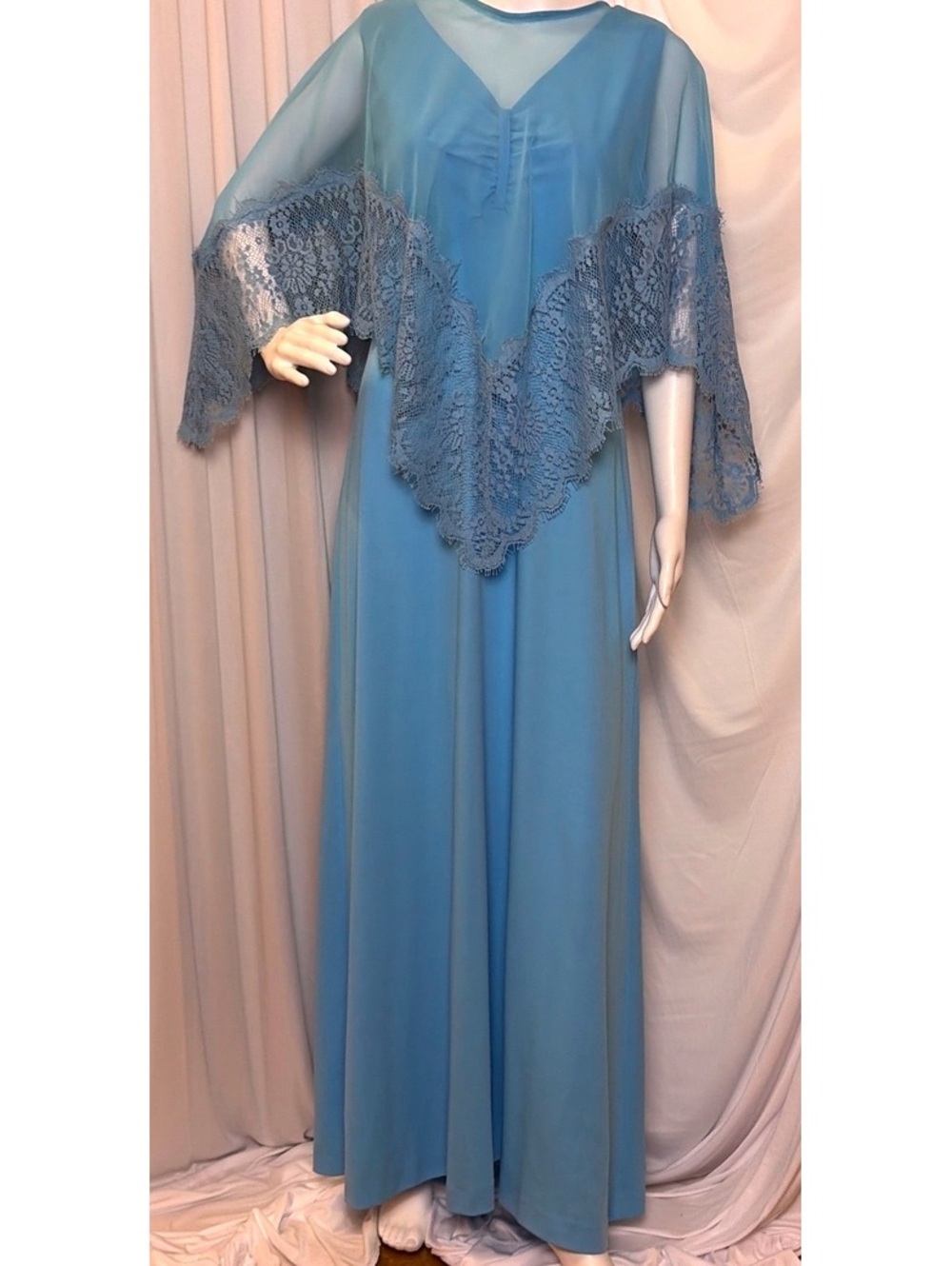 VTG 60s 70s blue goddess ethereal capelet gauzy boho hostess maxi dress SZ M